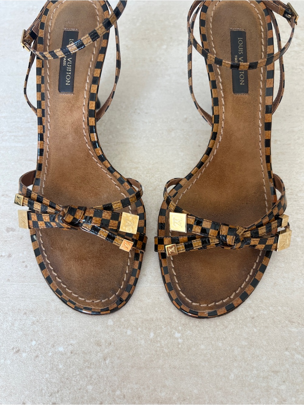Vintage Louis Vuitton Damier Brown Checkered Strappy Sandals with Gold Accents - Picture 2 of 9